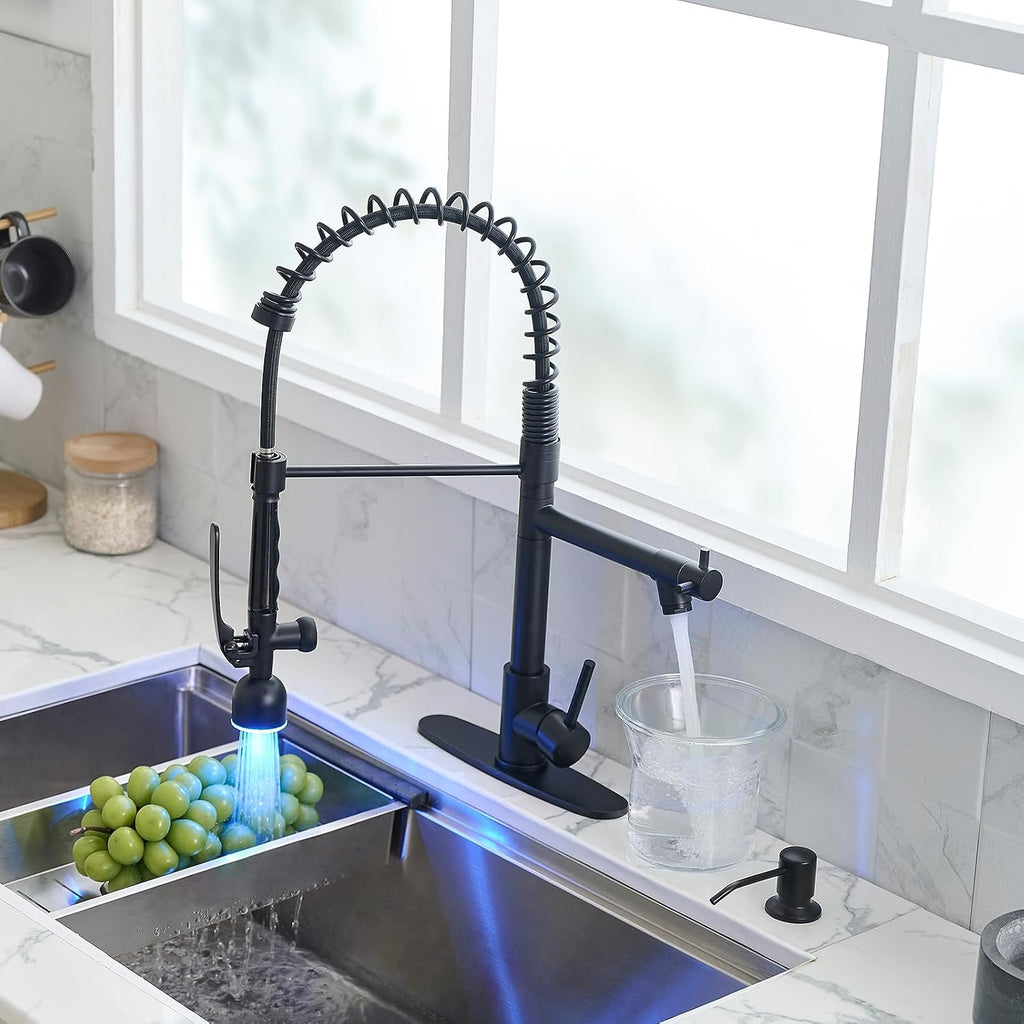 LED Commercial Kitchen Faucets with Pull Down Sprayer Matte Black | Single Handle Faucet Sink, Kitchen Faucet with