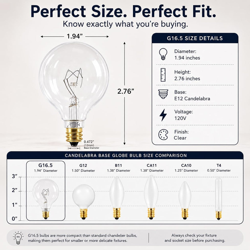 G16.5 Clear Incandescent Globe Bulbs, 25W, E12 Candelabra Base, 10-Pack