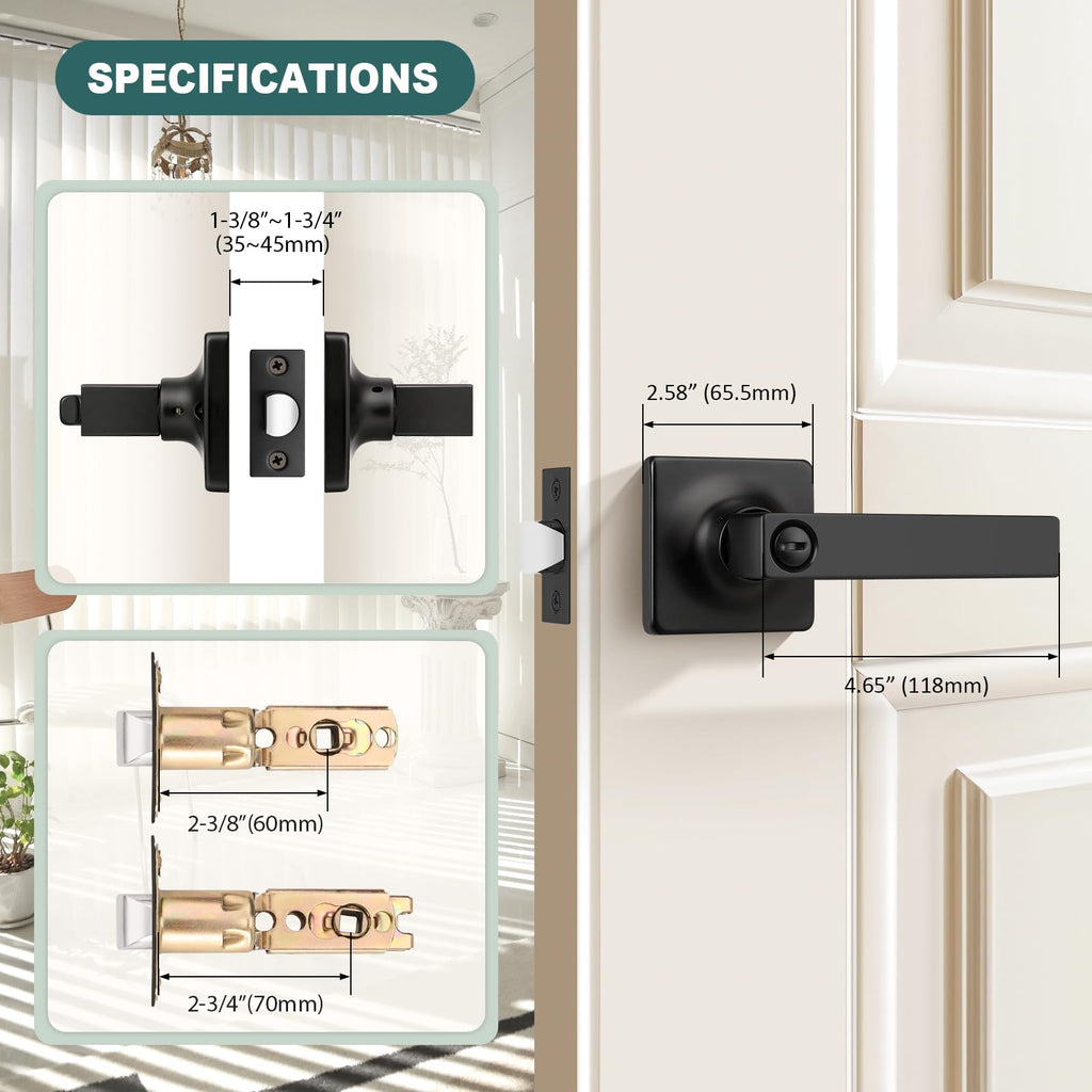 3 Pack Matte Black Privacy Door Handles Black Lever Door Handle Interior with Lock Square Privacy Door Levers Black