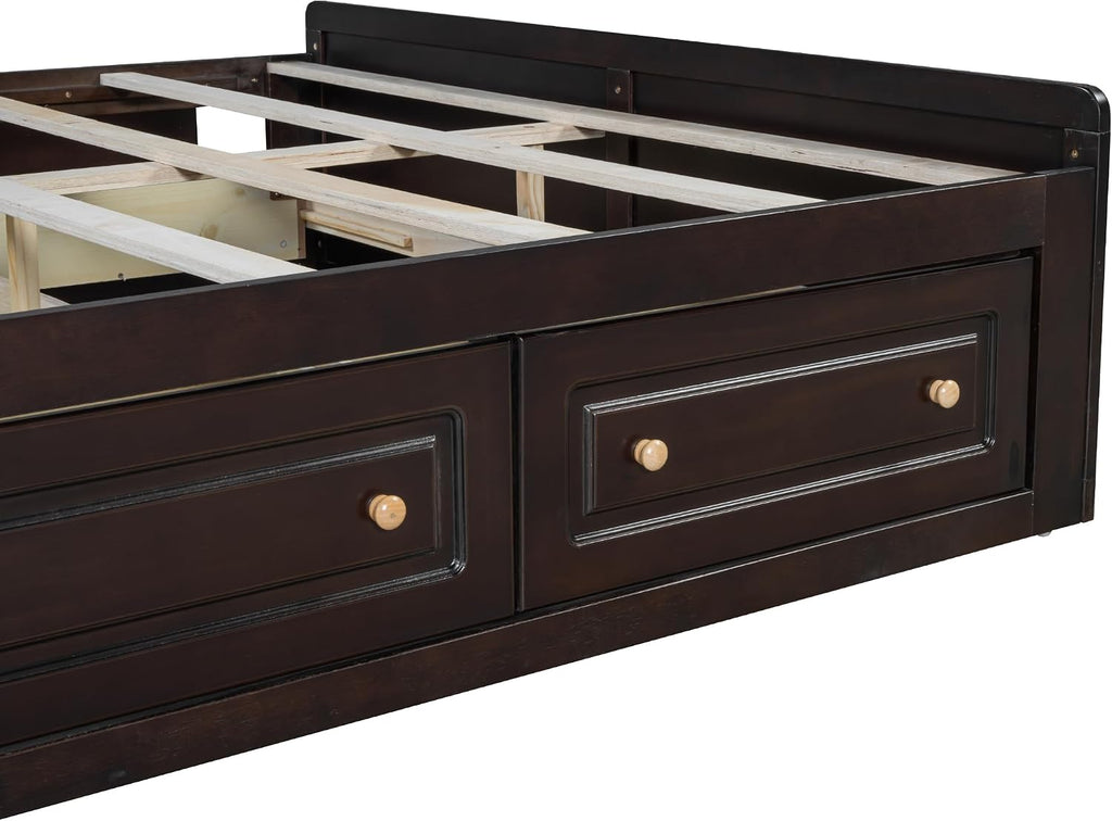 Wood Platform Bed Frame, with 6 Drawers, Floor Wooden Bed Frame Without Headboard, Storage Bed Frame Wood