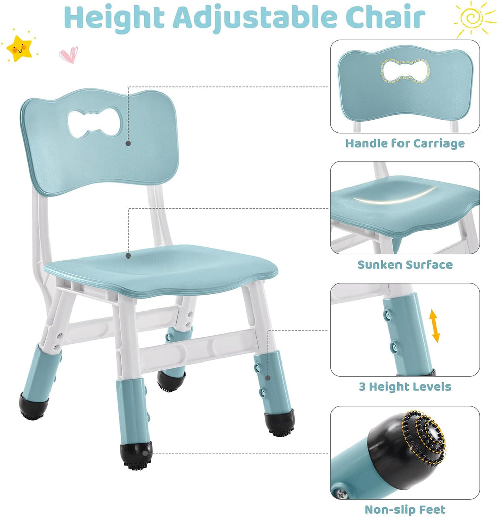 Kids Table & 2 Chairs Set, Double-Sided with Storage,Grayish Blue
