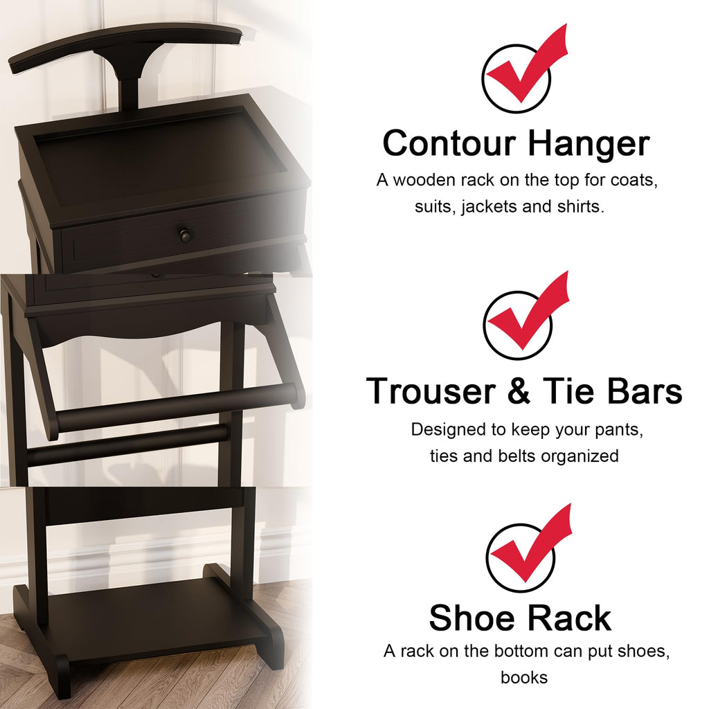 Mens Valet Stand with Drawer, Wooden Valet Stand for Men, Black