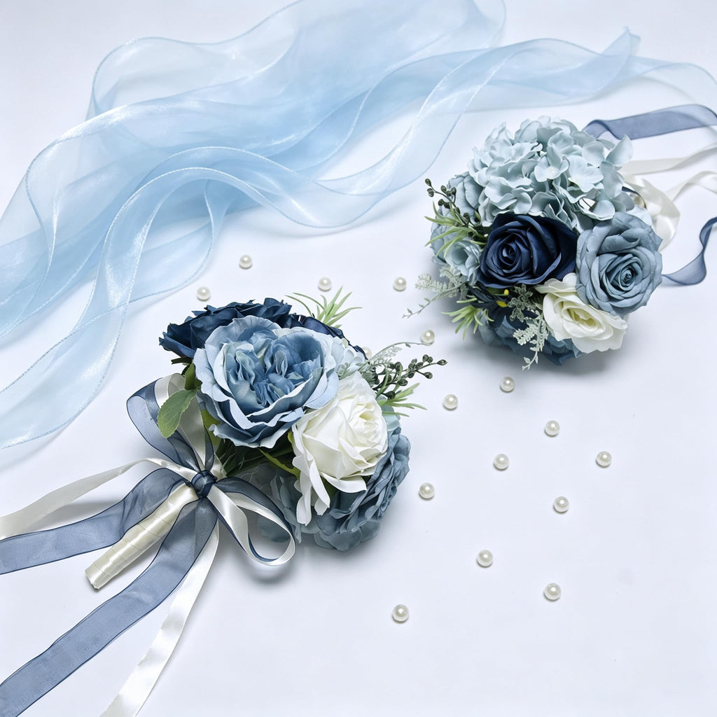 Artificial Bridesmaid Bouquets Set of 4 - NavyBlue 9 Inch Various Flower Bouquet for Wedding Party Ceremony
