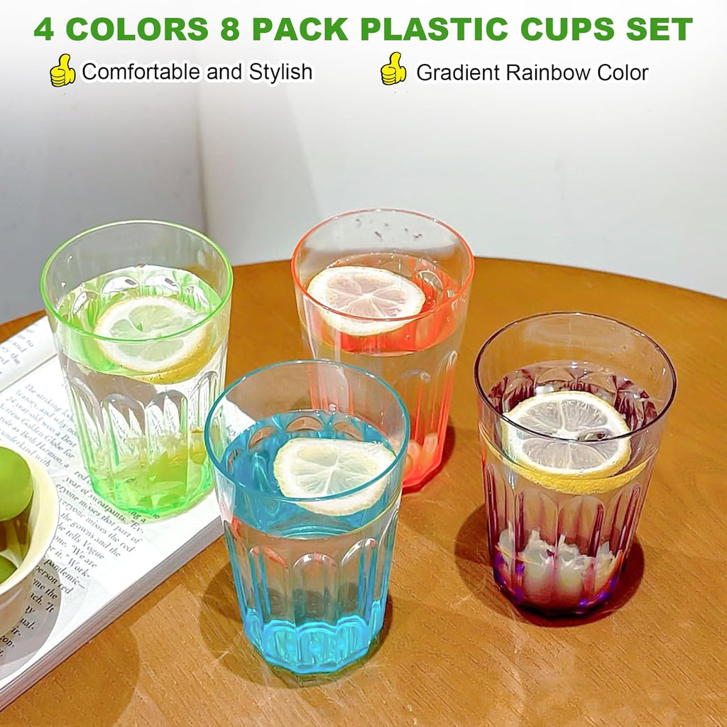 Plastic Drinking Glasses Set of 8, 15oz Plastic Cups Reusbale Tumblers Camping, Water Cup Set with Gradient Color