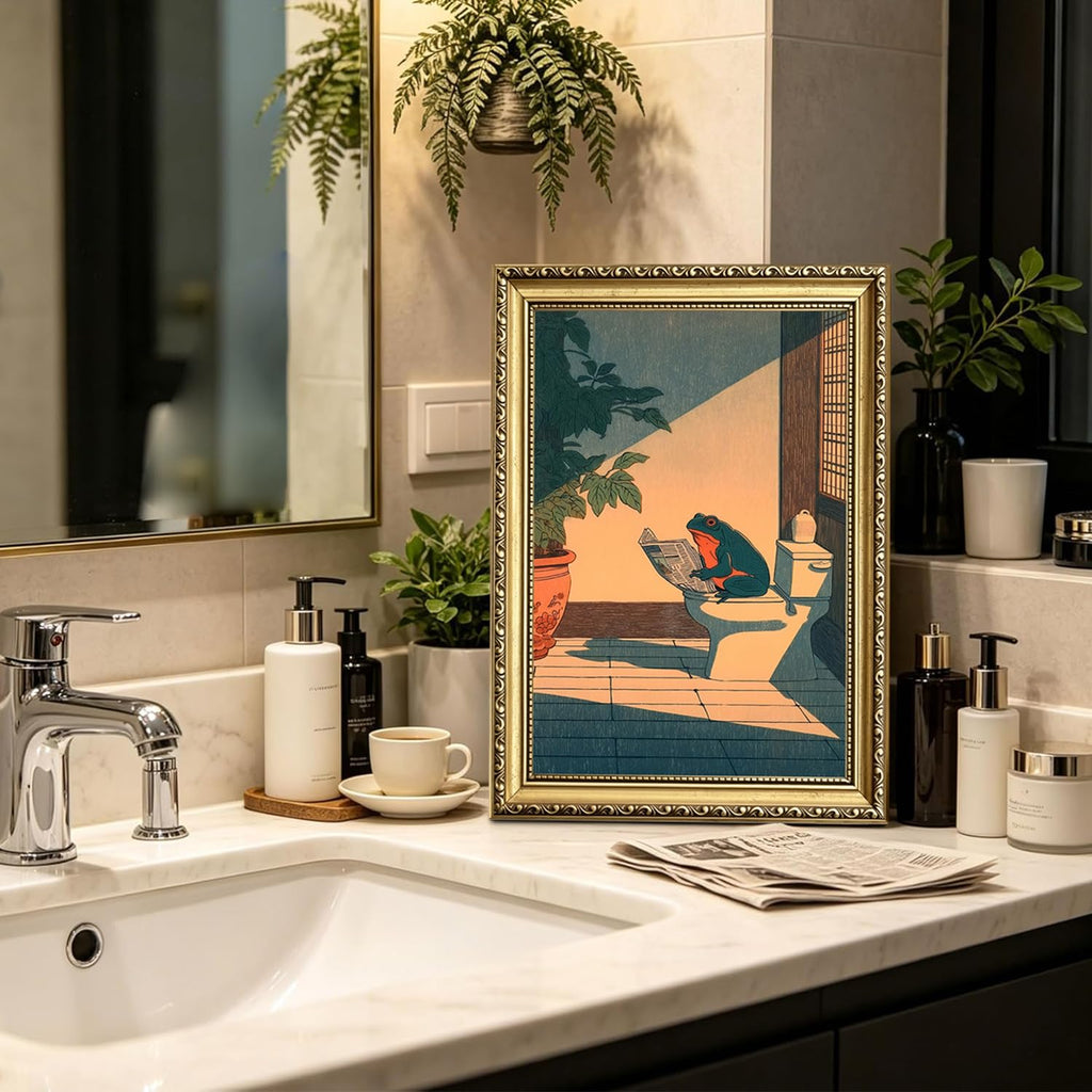 Funny Frog Bathroom Wall Art, Cute Japanese Frog in Toilet Wall Decor, Whimsical Green Animal Restroom Poster Canvas