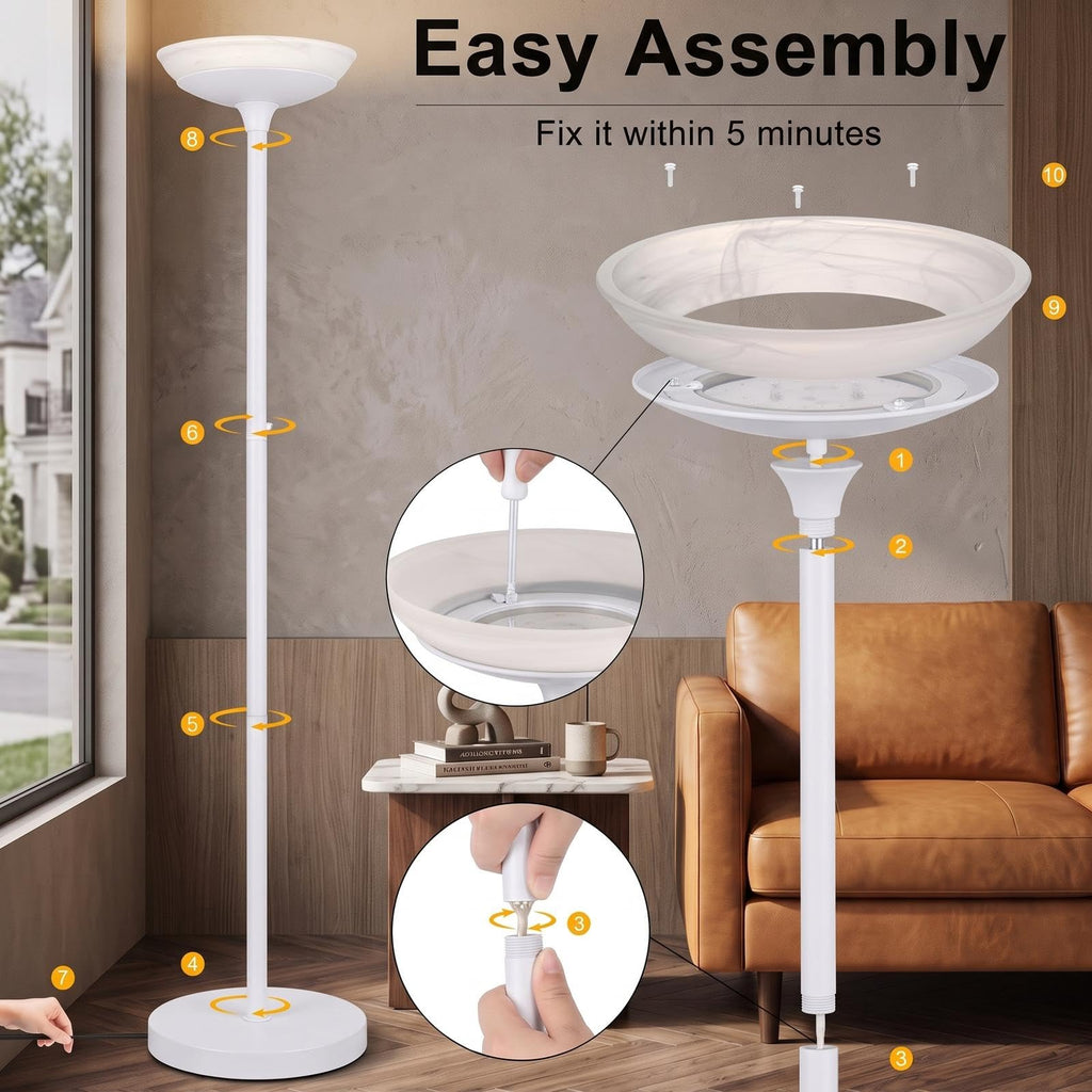 Torchiere Floor Lamp, 30W Super Bright LED Standing Lamp, Stepless Dimmable Pole Lamp with 3000K Lighting, Glass