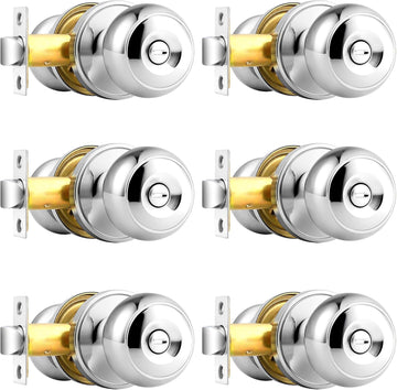 Polished Chrome Door Knobs, Privacy Door Knob Bedroom, Interior Door Knobs with Thumb Turning Locking Button, 6 Pack