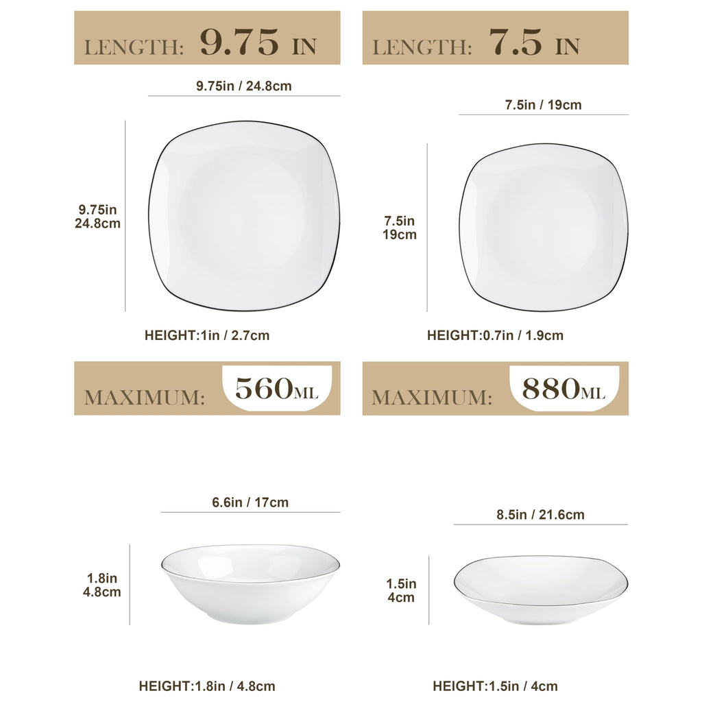 Dinnerware Sets, 24 Piece Porcelain Square Dishes, White with Black Rim Plates and Bowls Sets, Ceramic Dish Set for