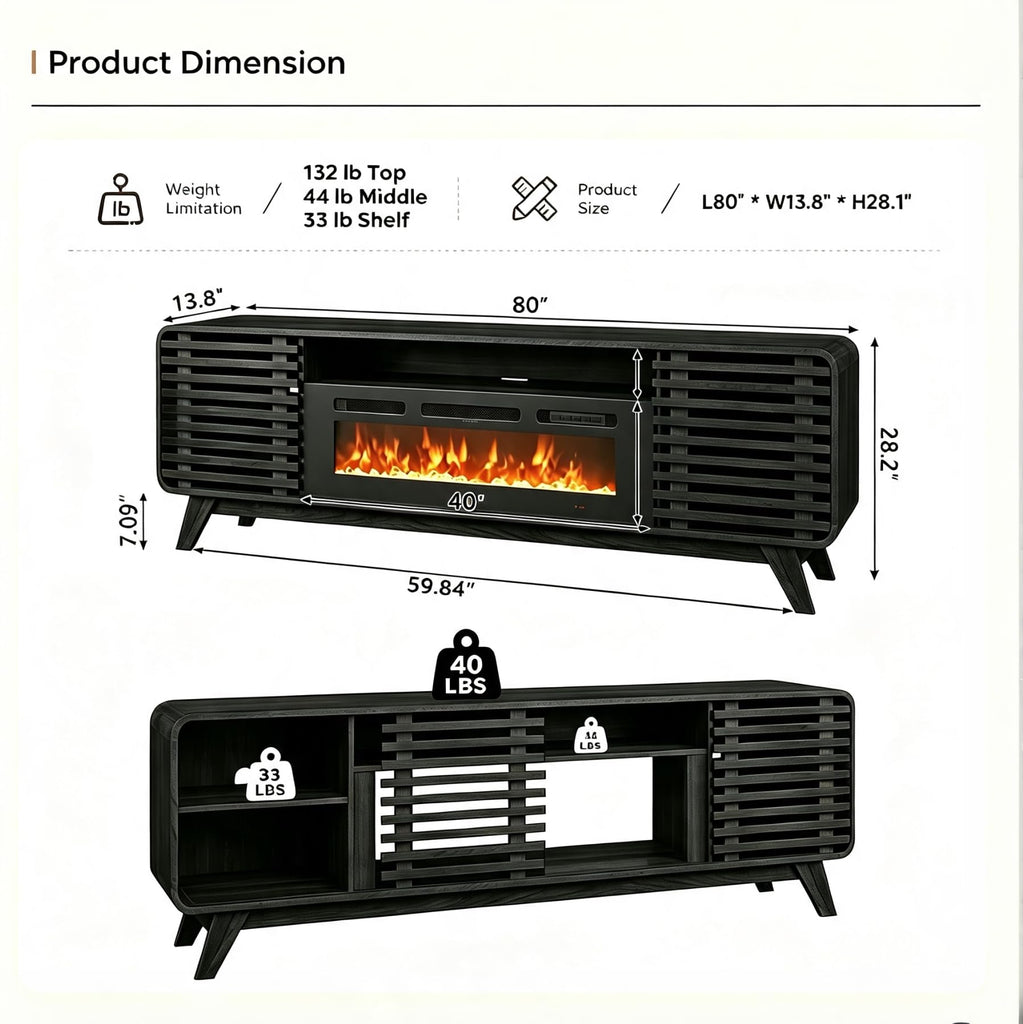 Fireplace TV Stand for 90" TVs, 80inch, Black