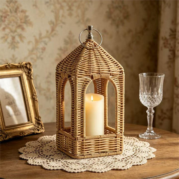 Handmade Artificial Rattan Candle Lantern, Boho Woven Decor Lantern