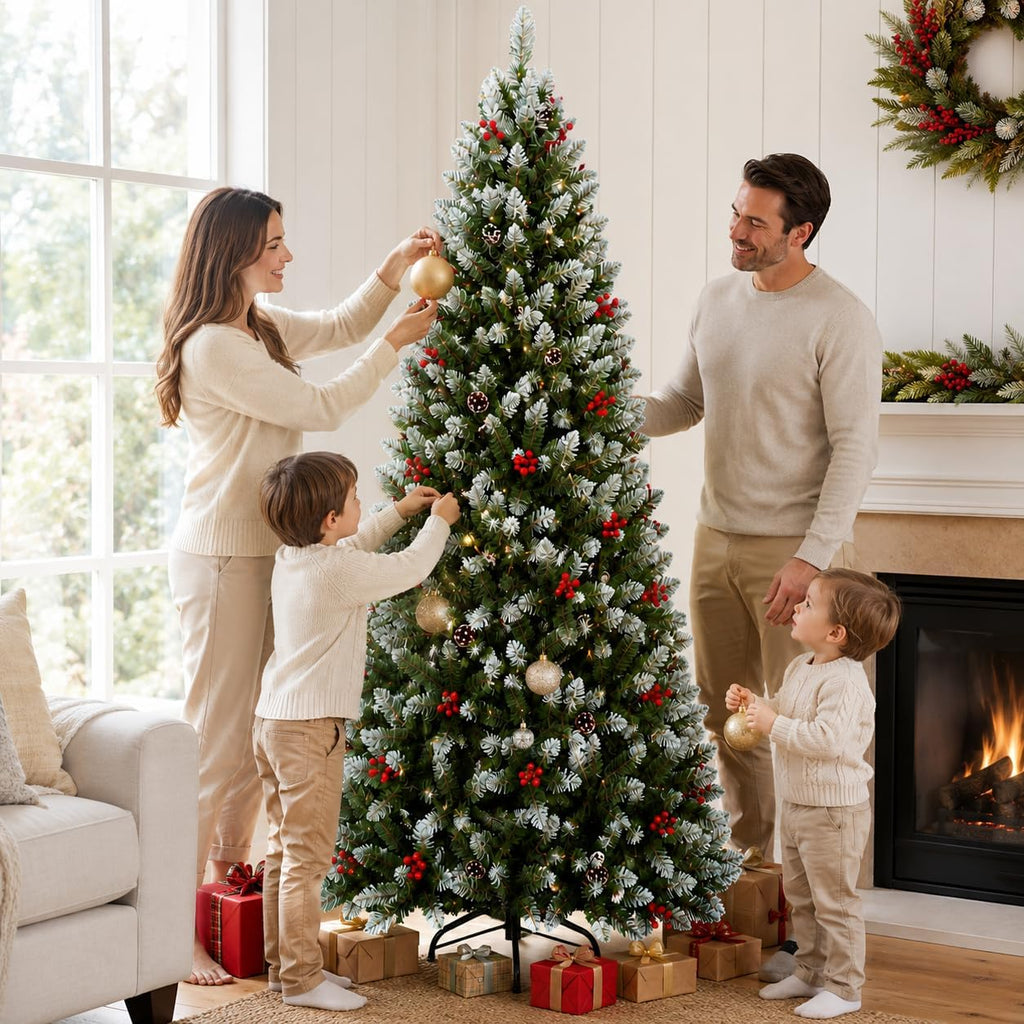 7FT Pre-Lit Artificial Christmas Tree, Snow Flocked Hinged Pine Tree with Warm White Lights, Red Berries & Pine