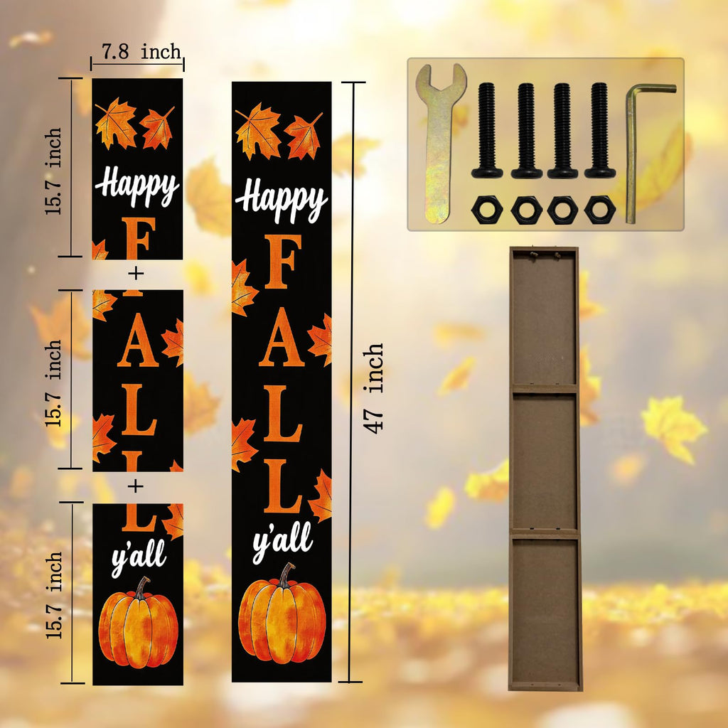 Happy Fall Y'all 47" Tall Vertical Wooden Porch Sign Black Rustic Farmhouse Fall Decor with Maple Leaf Pumpkin