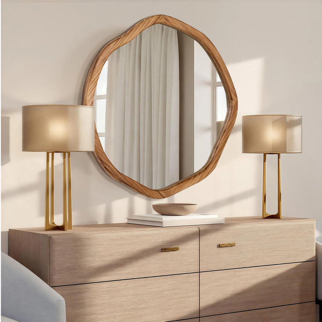 Irregular Round Wood Mirror 24 Inch, Rustic Brown Wall Mirror