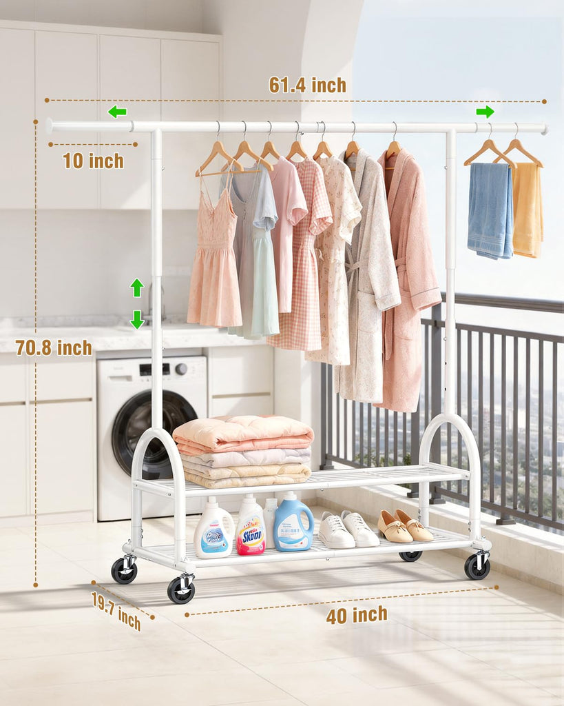 Rolling Clothes Rack Heavy Duty Clothing Racks with 2 Shelves, White