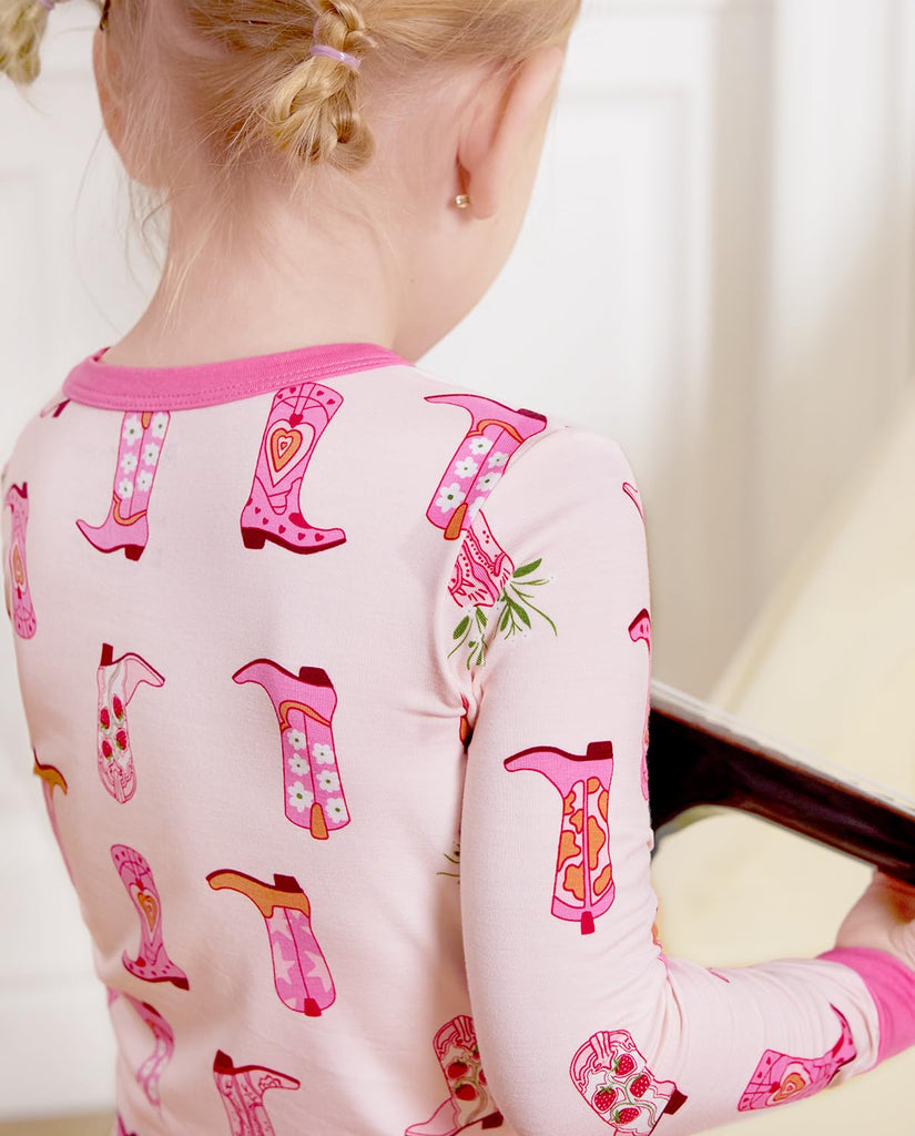 Bamboo Viscose Toddler Girls Kids Pajamas Pinky Boots Pjs Long Sleeve Snug fit 2pcs Soft Jammies