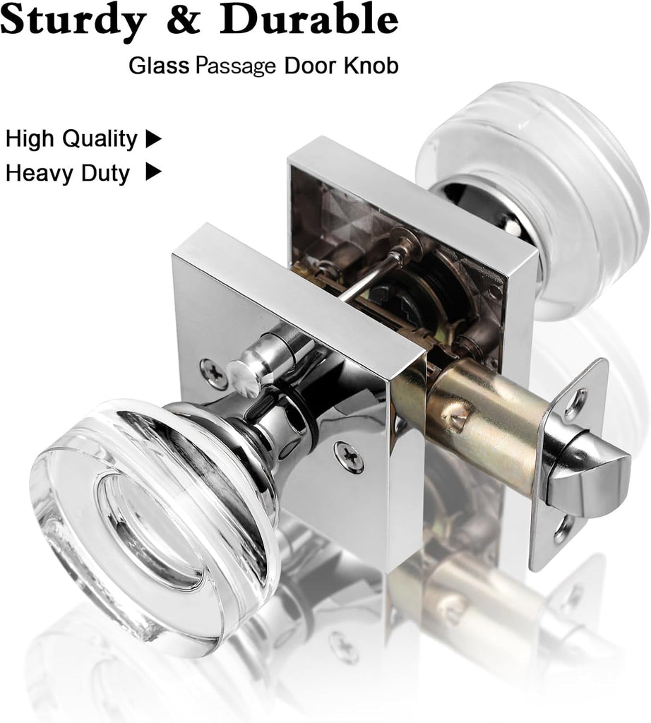 Crystal Glass Door Knobs Interior with Lock, Modern Round Privacy Door Knob Bedroom, Polished Chrome