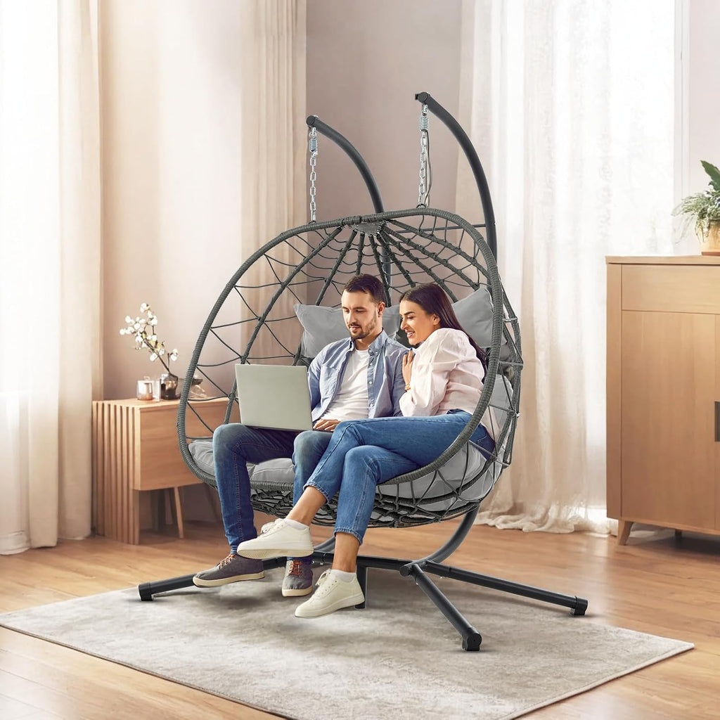 Double Egg Swing Chair with Stand, 2 Person Outdoor Indoor Hammock Hanging Chair with Cushion,Patio Wicker Hanging
