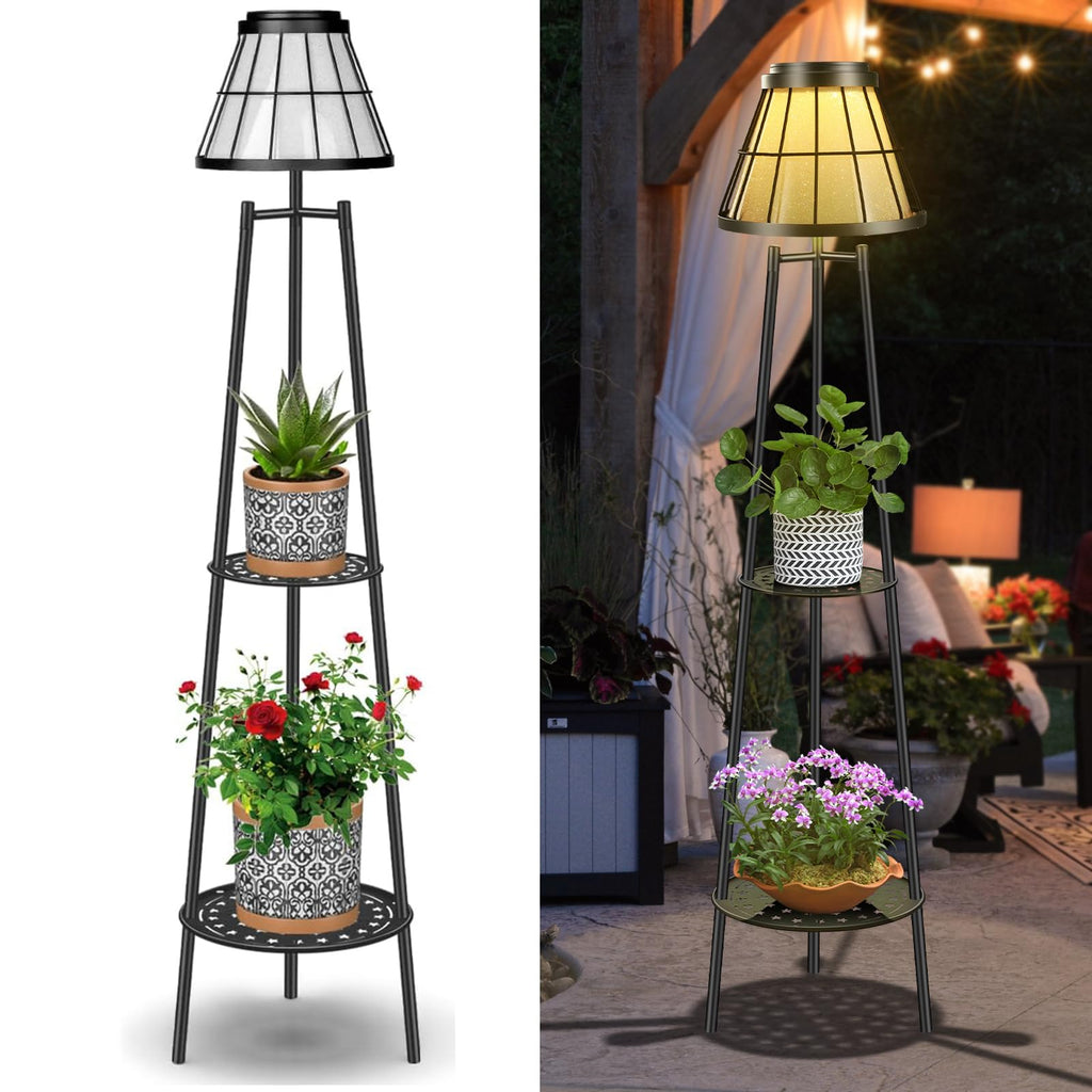 2-Tier Solar Plant Stand with Light, Modern Outdoor Floor Lamp with Classic Grid Lantern, Waterproof Tall Metal