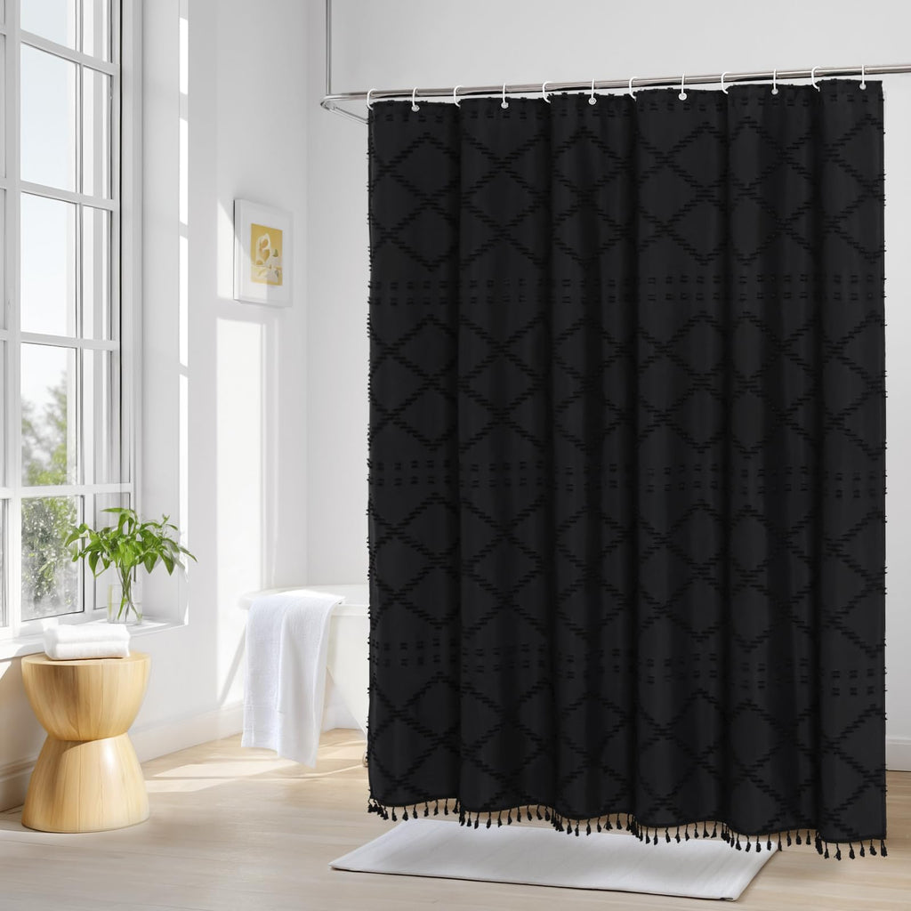 Black Boho Woven Fabric Shower Curtain with Tassel 72x72, Tufted Textured