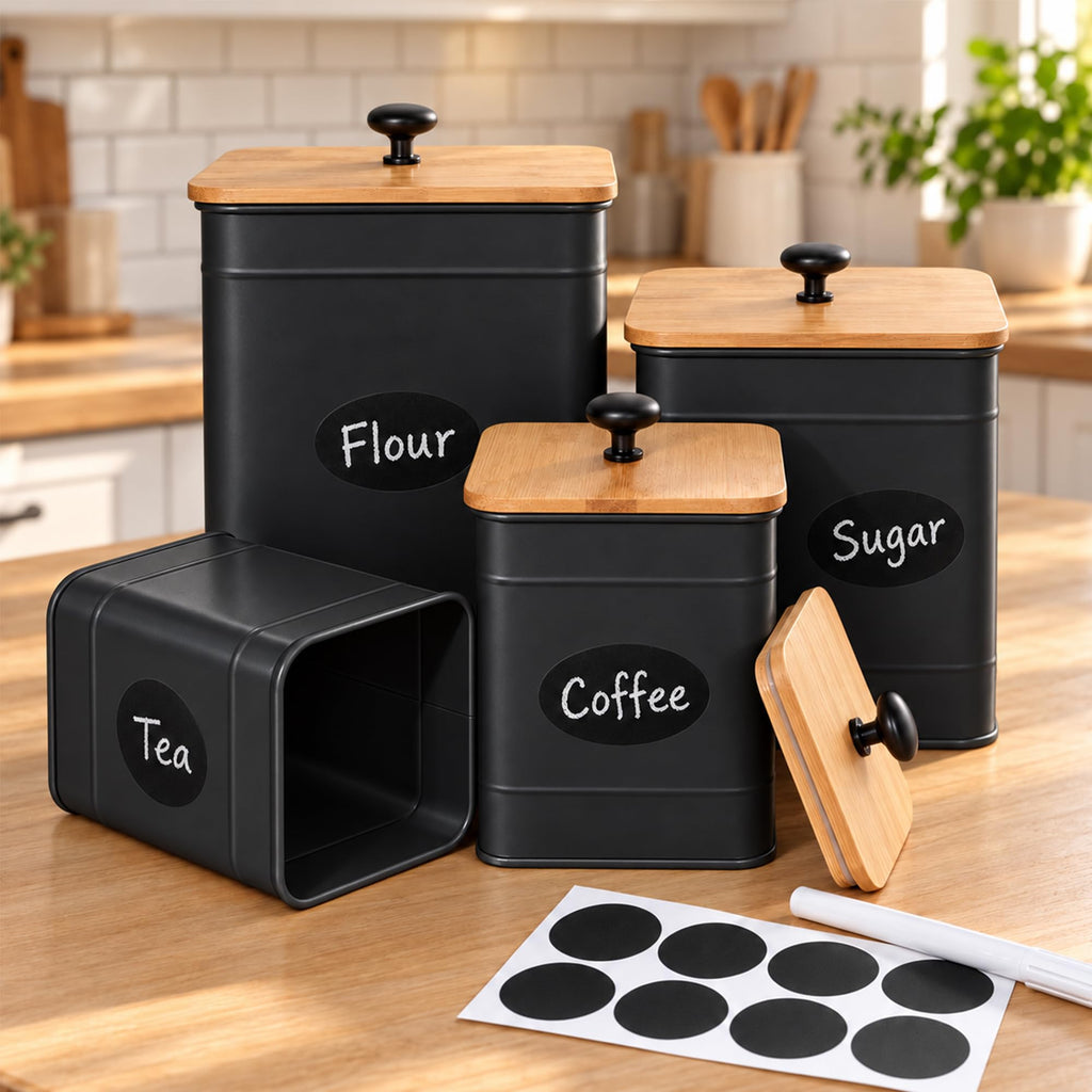 Canister Set Countertop, 4 Airtight Metal Canisters Black