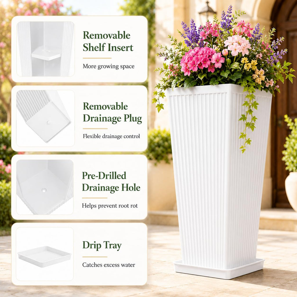 24" Tall Planters for Outdoor Plants Set of 2 Square Fluted, White