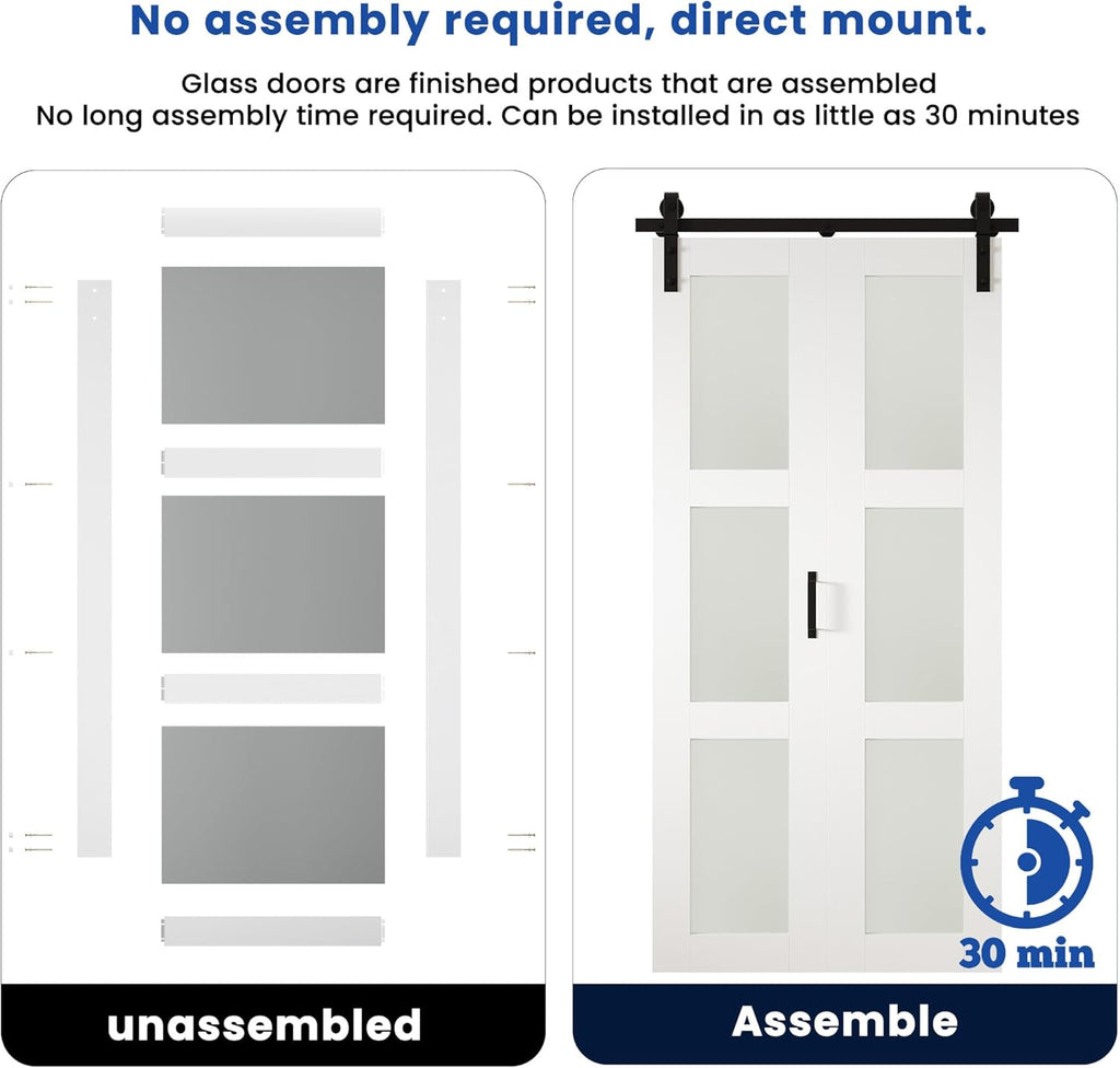 28in x 84in Bifold Barn Door, Frosted Glass Barn Door with Hardware Kit Included, Pre-Drilled Holes 