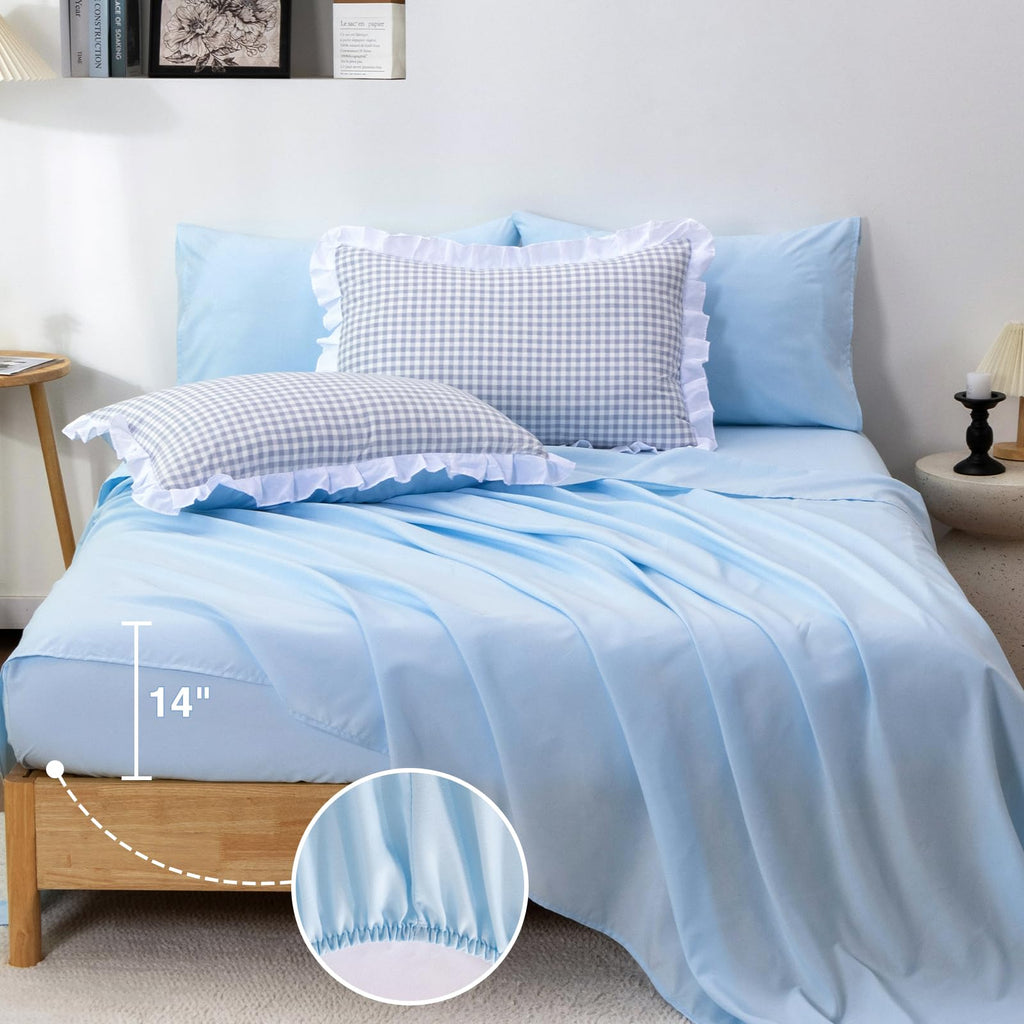 Blue Plaid Ruffle Comforter Sets 5Pcs Bedding