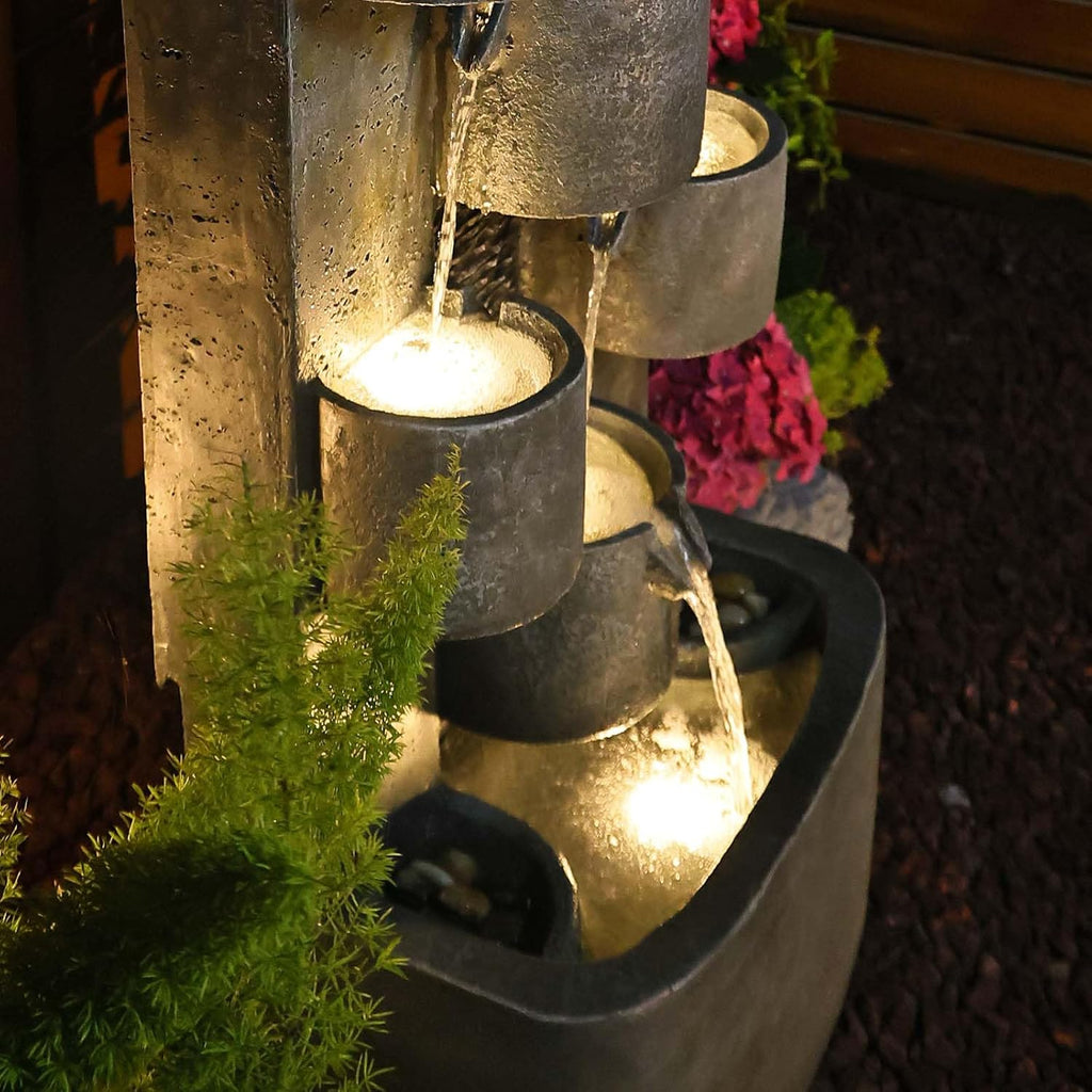 44.8" H Modern Outdoor Water Fountain with LED Lights and Pump, Mutiply-Tier Standing Cascading Waterfall