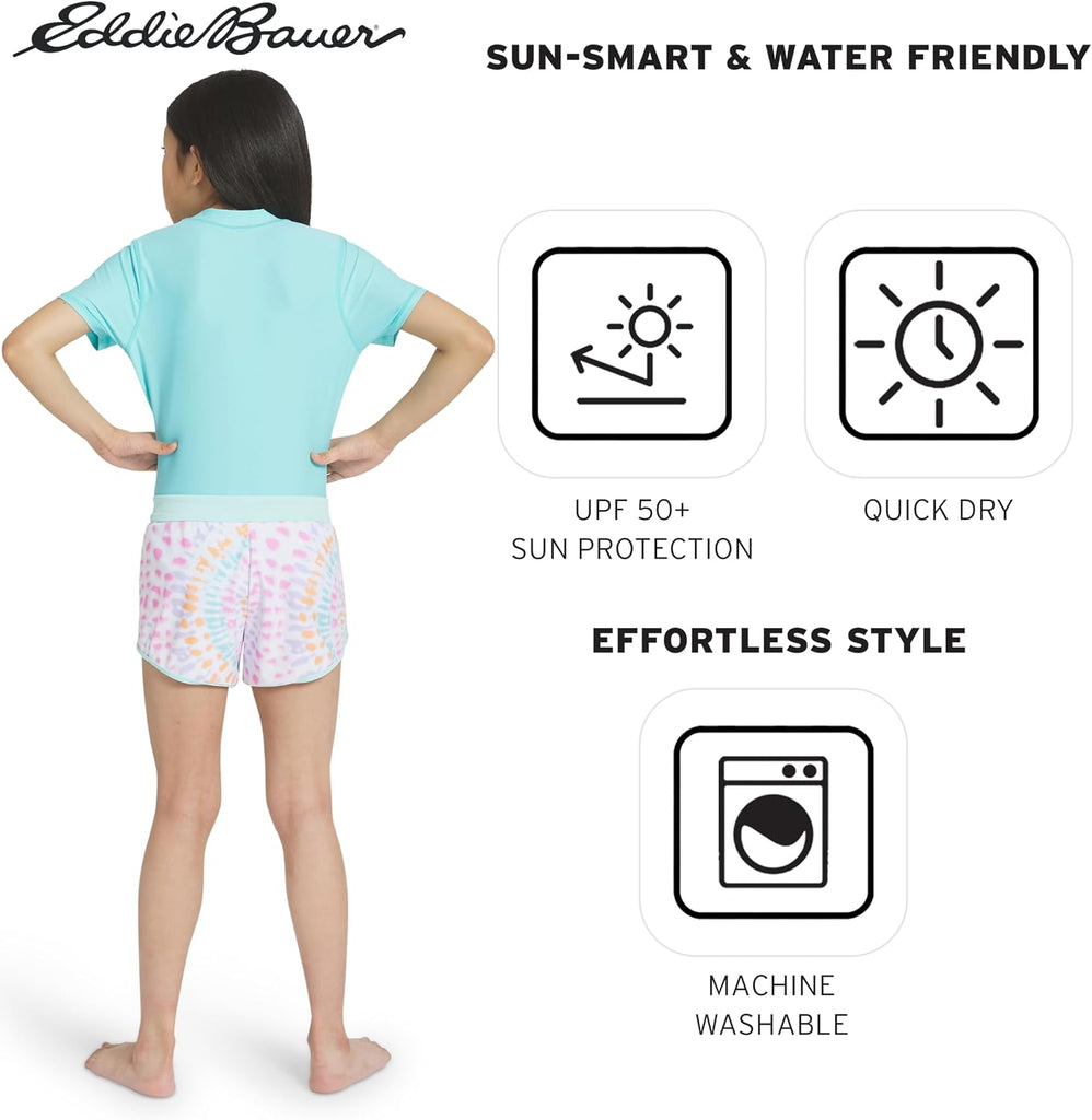 Girls' UPF 50+ Rash Guard Sun Tee Shirt and Swim Short Set