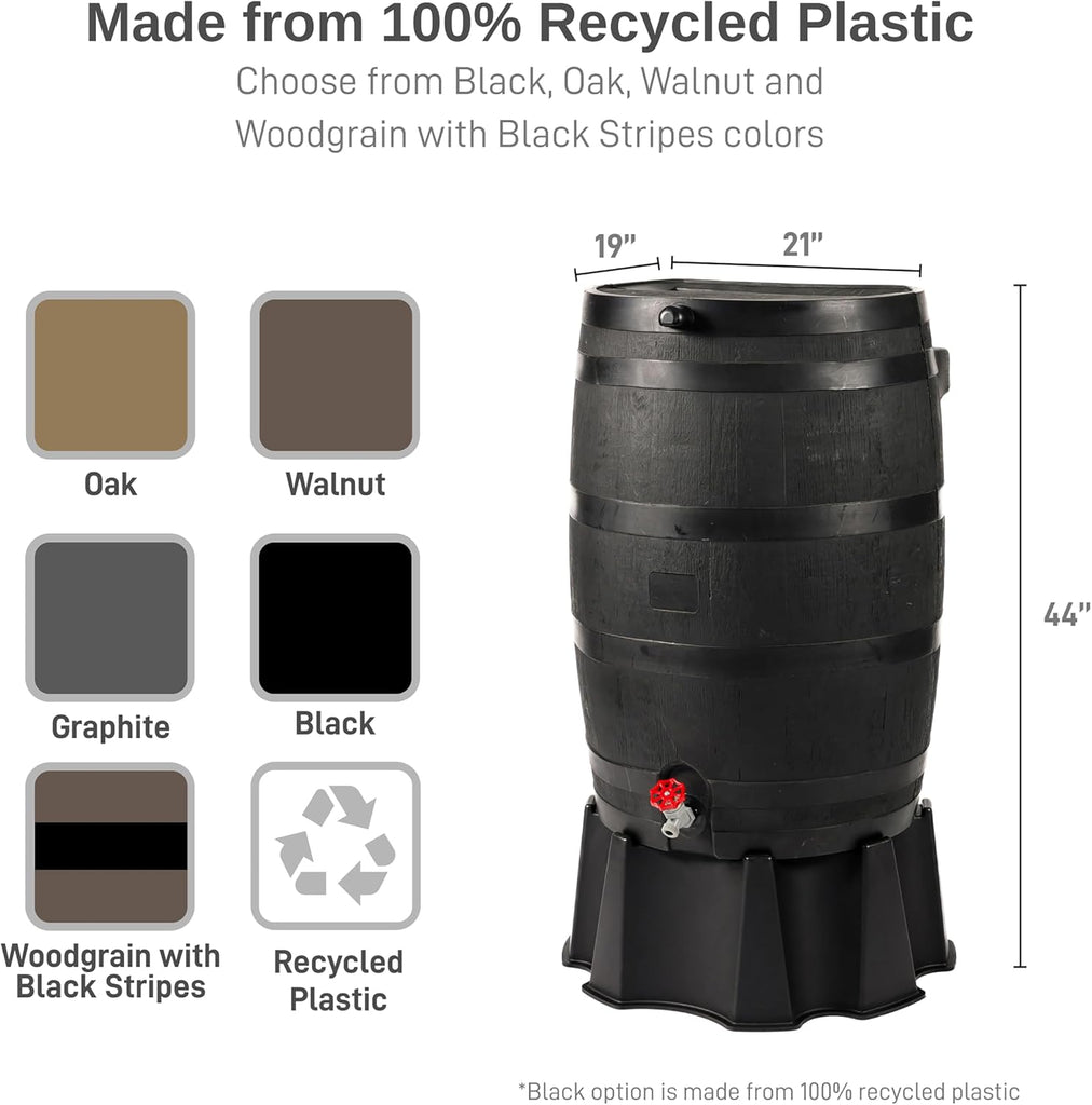 50-Gallon ECO Rain Barrel Made with 100% Recycled Plastic, Flat Back Rain Water Collection Barrel, Stand and Link Kit