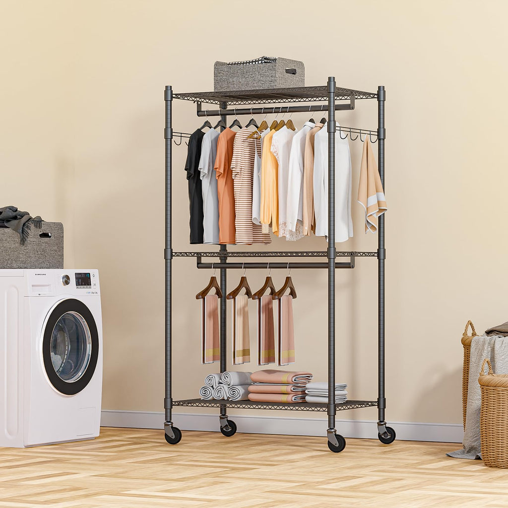 Narrow Rolling Garment Rack with Double Rods and 3 Adjustable Shelves, Compact Portable Closet Organizer, Laundry