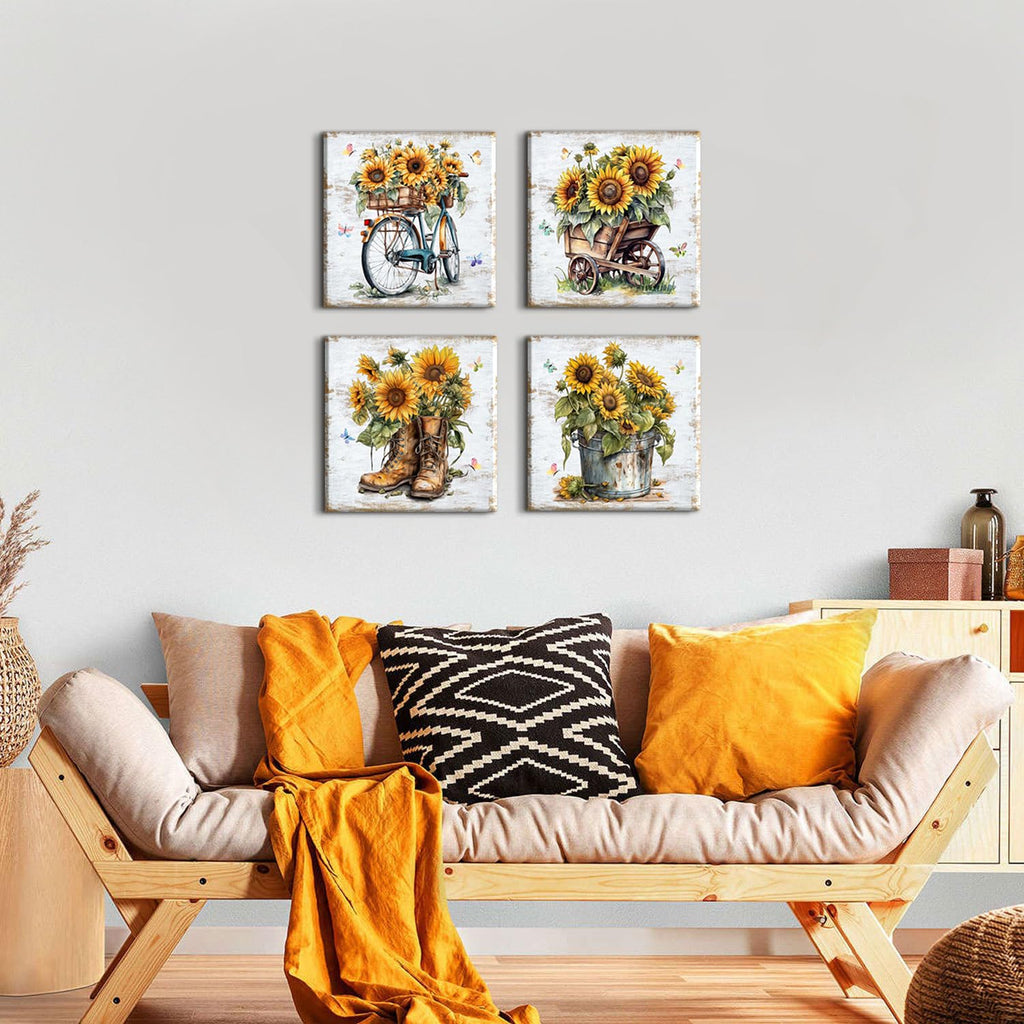 Rustic Sunflower Wall Art Farmhouse Bicycle Boots Truck Sunflower Picture Cowboy Wall Decor Vintage Country