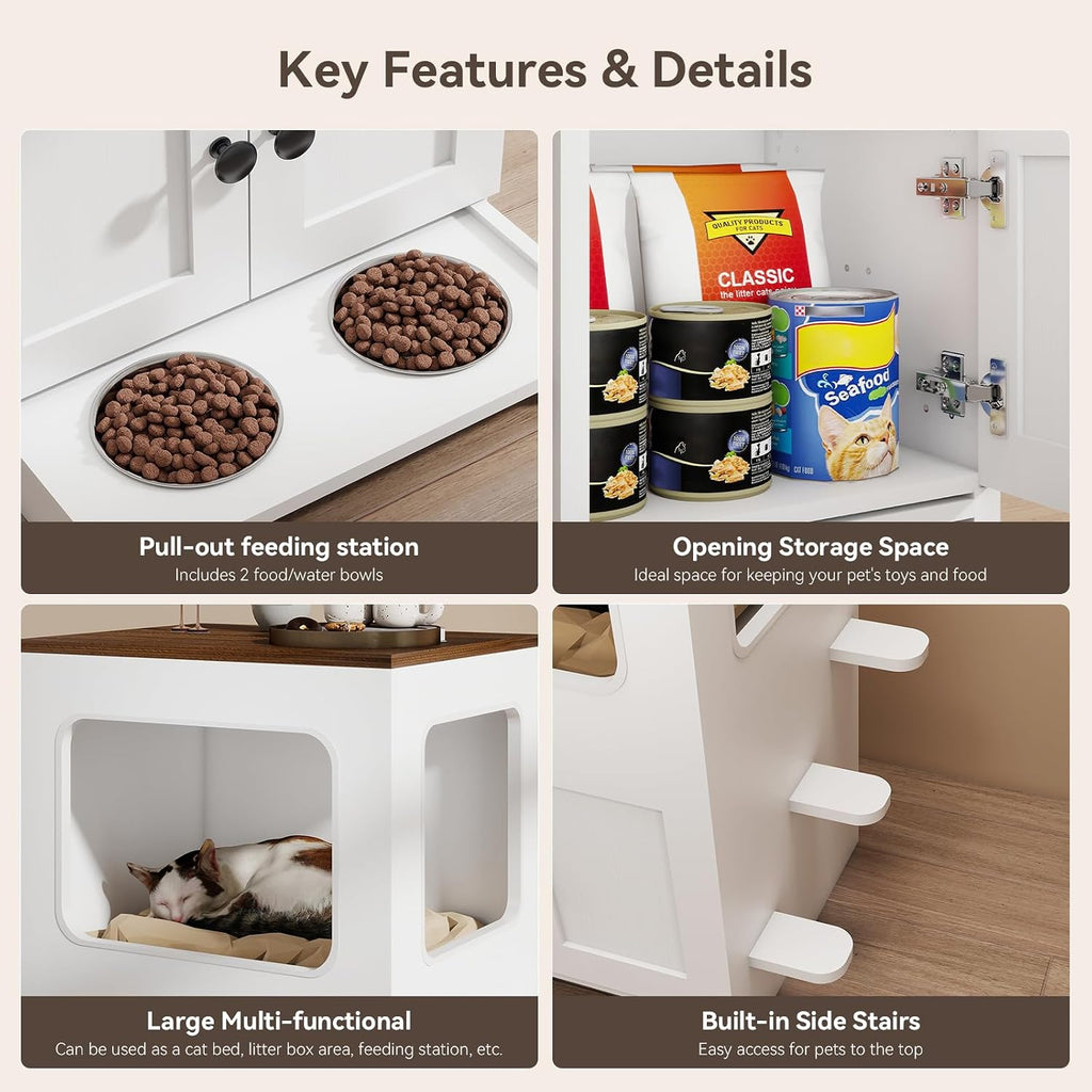 Cat Feeding Station, 2-Tier Wood Cat House with Storage, Raised Bowls for Indoor Cats, Pull-Out Feeding Station & Cat