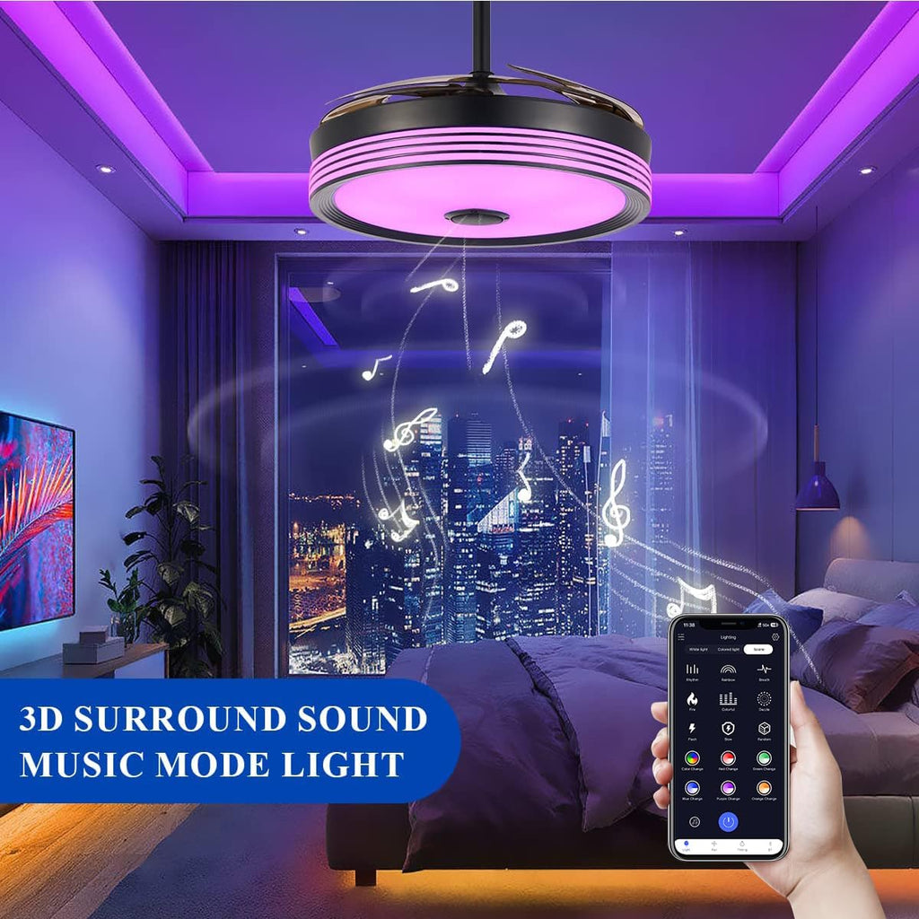 42 inch Modern Retractable Ceiling Fan with Lights and Remote Control, 6Speed Dimmable Fandelier, Smart Ceiling Fan