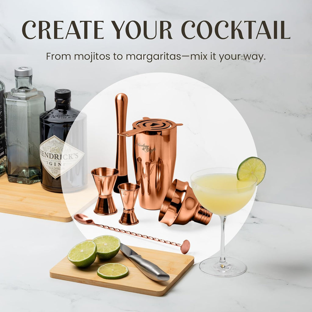 Rustic Cocktail Shaker Set - Includes Wood Stand, Complete Barware Kit with 24 Oz Shaker, Dual Jiggers, Pourers