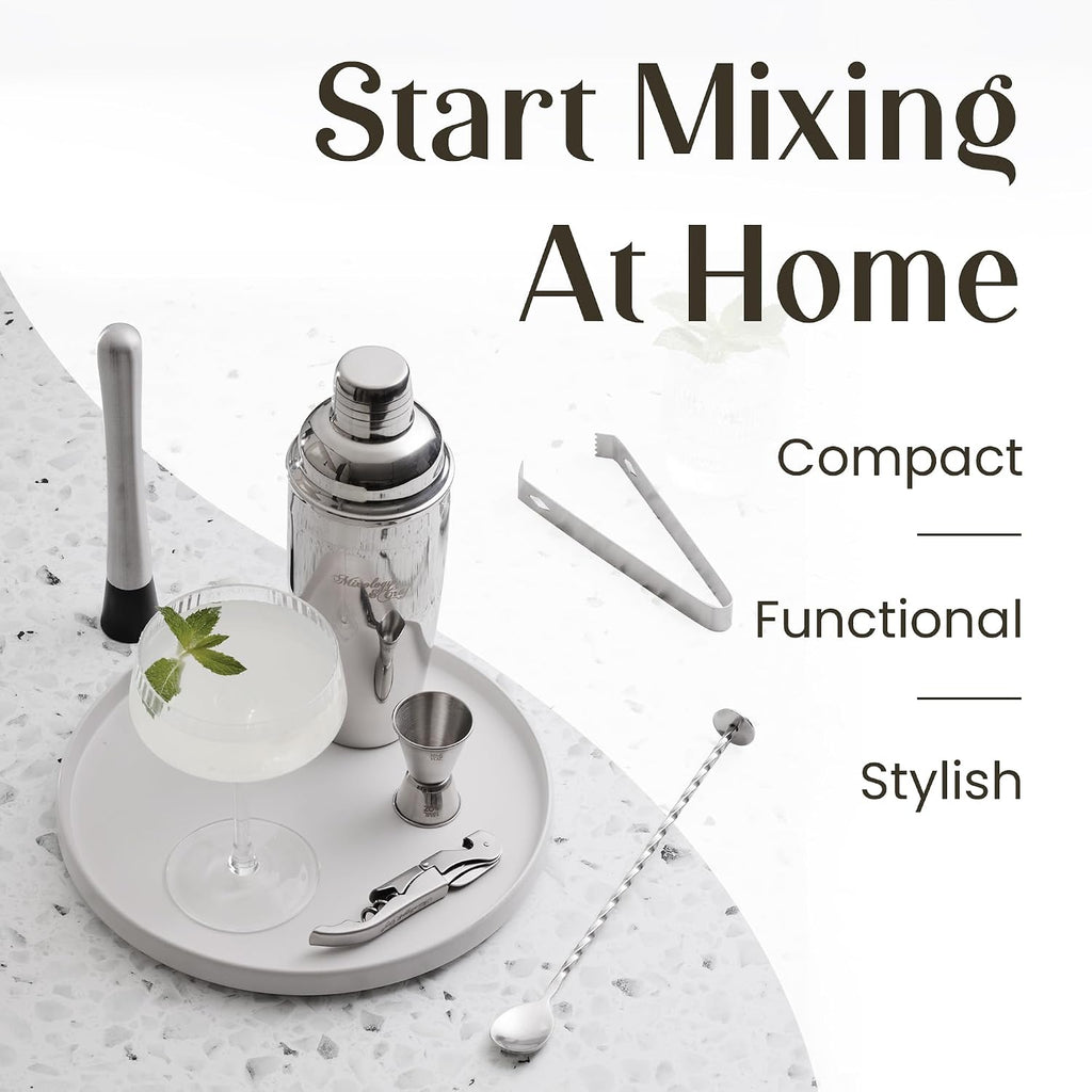 Cocktail Shaker Set: Complete Bartender Kit with Metal Stand and Bar Cart Accessories | Includes Exclusive Recipe - Set of 10