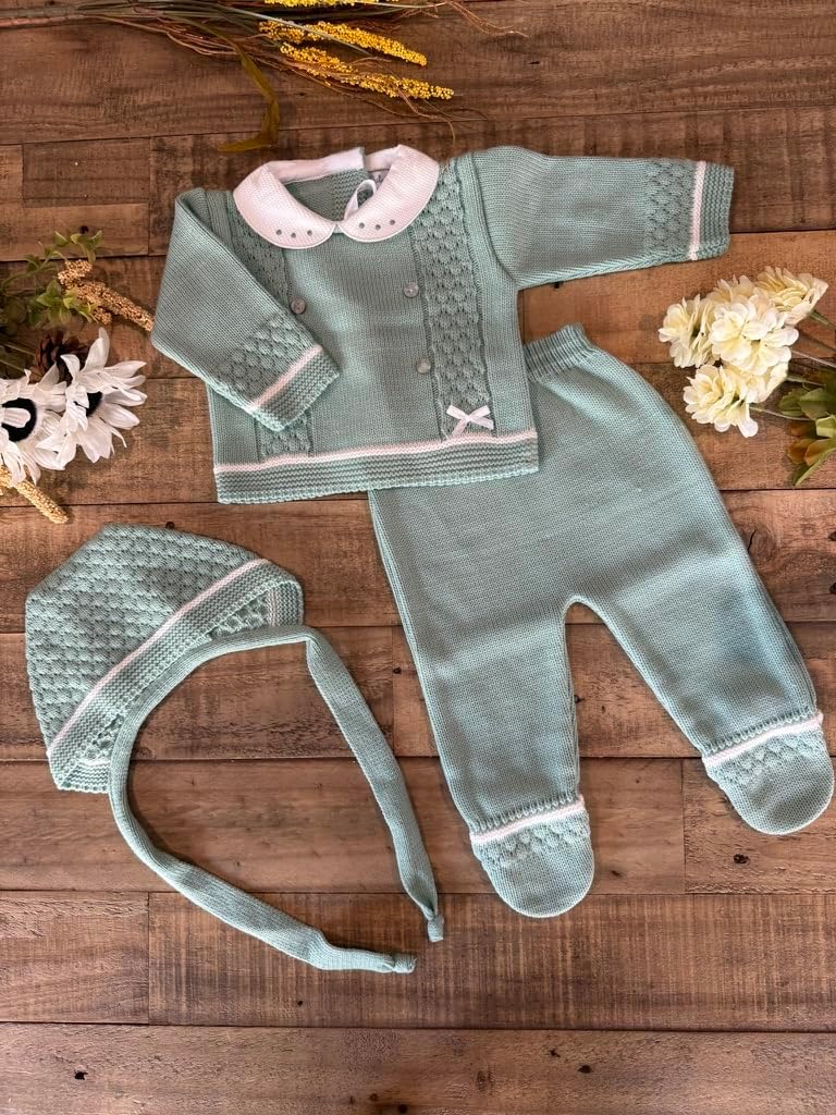 Piece Baby Knitted Set Sweater Footed Pants Hat Boys Girls Coming Home Newborn Outfit - Made in Spain