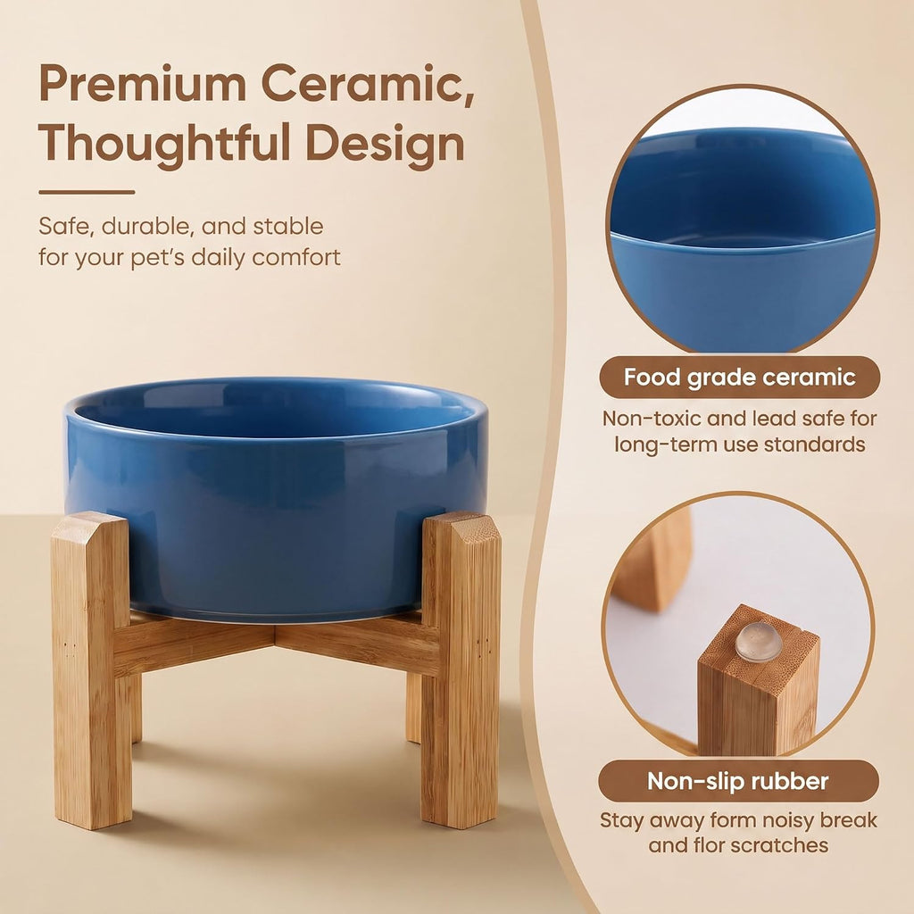 Elevated Ceramic Dog Bowl with Bamboo Stand, Raised Pet Feeding Station for Small Medium Dogs Cats, Modern Design