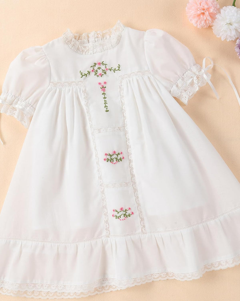 Toddler Girls White Princess Lace Dress | Vintage Floral Embroidered Heirlown Gown | Kids' Special Occasion Party