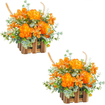 Artificial Plant in Wooden Basket, Orange Flower Decor Set of 2