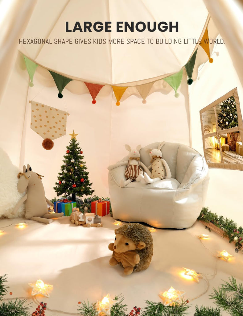 Large Kids Play Tent with Star Lights, 1 Door & 3 Windows, White