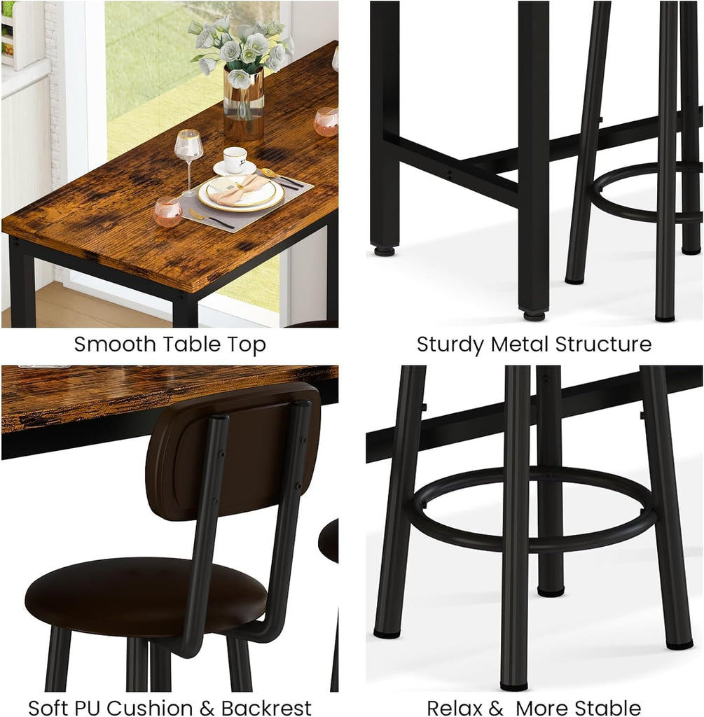47.2" Pub Height Table Set for 4, Kitchen Dining Set with 2 Bar Table Table and 4 PU Leather Stools with Backrest, for