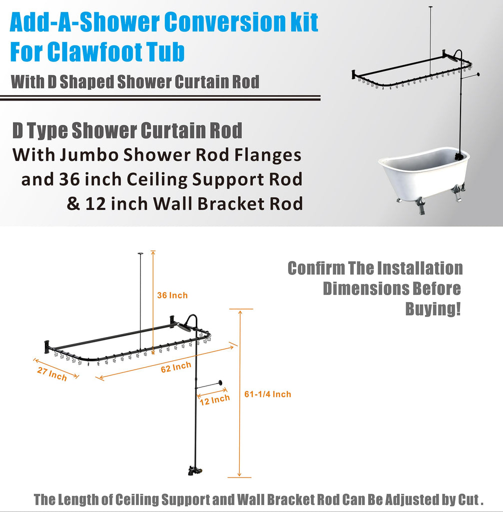 Clawfoot Tub Shower Kit With D-Style Shower Rod,Matte Black