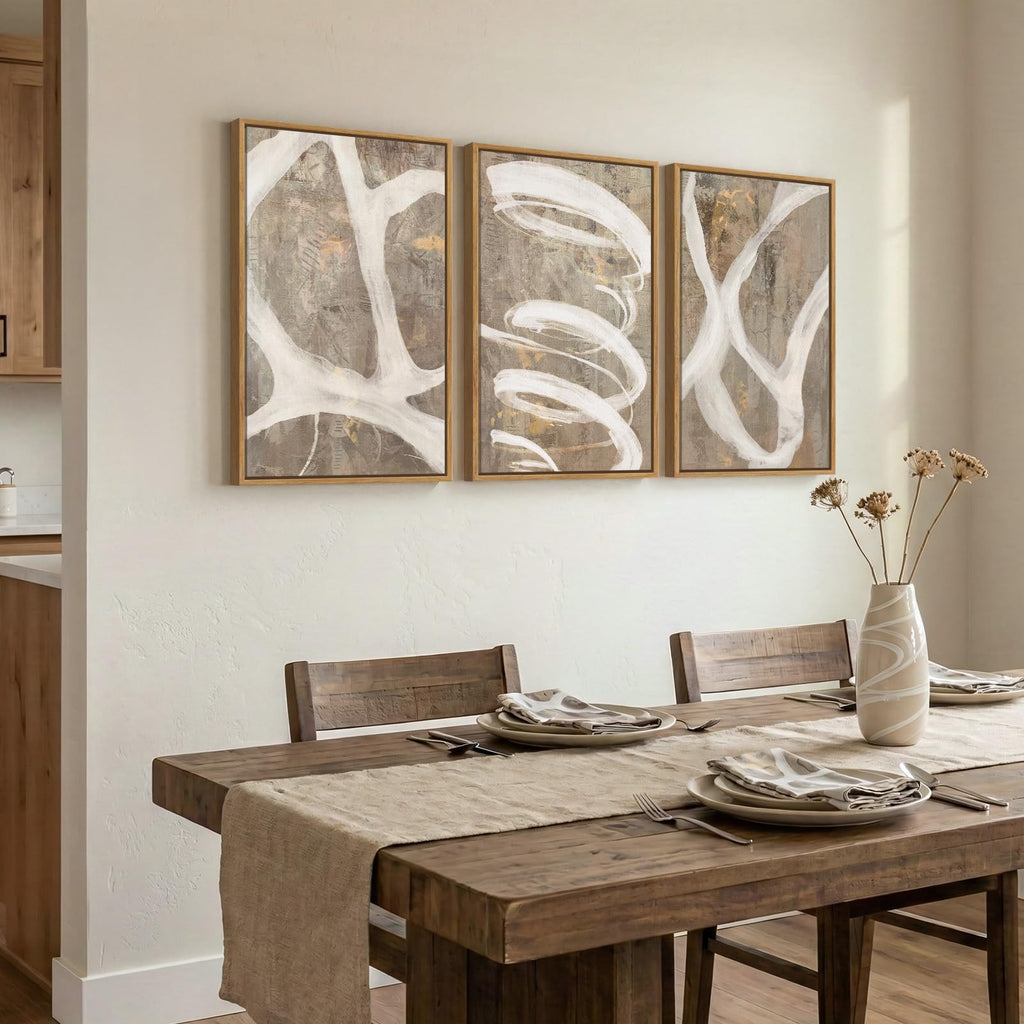 Framed Neutral Beige Abstract Wall Art, 3 Piece Set, 16x24 In