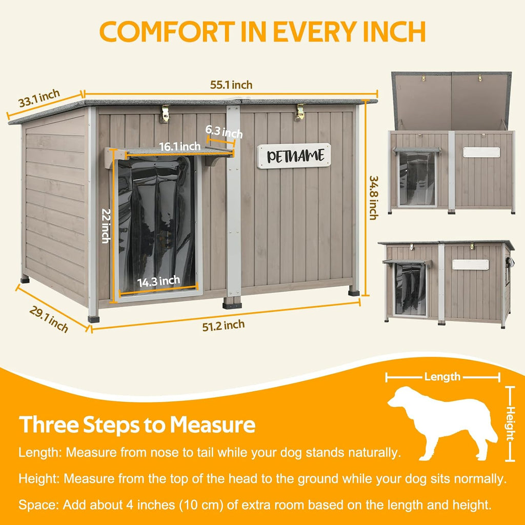 55"L Dog House Outdoor Large Breed Extra XL Wooden Dog House with Weatherproof Asphalt Roof, All-Around Iron Frame