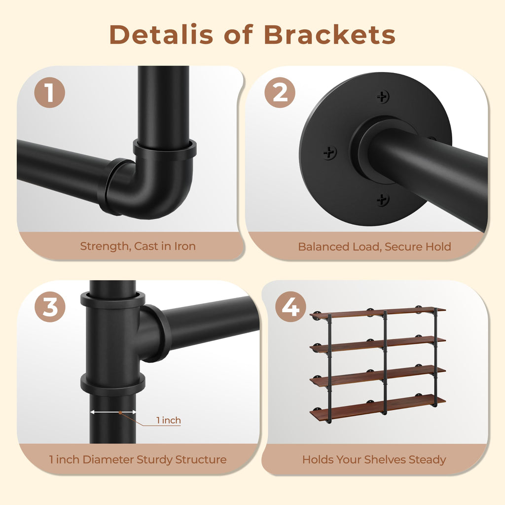 Industrial Wall Mount Pipe Shelf Brackets, Black Iron Pipe Shelving