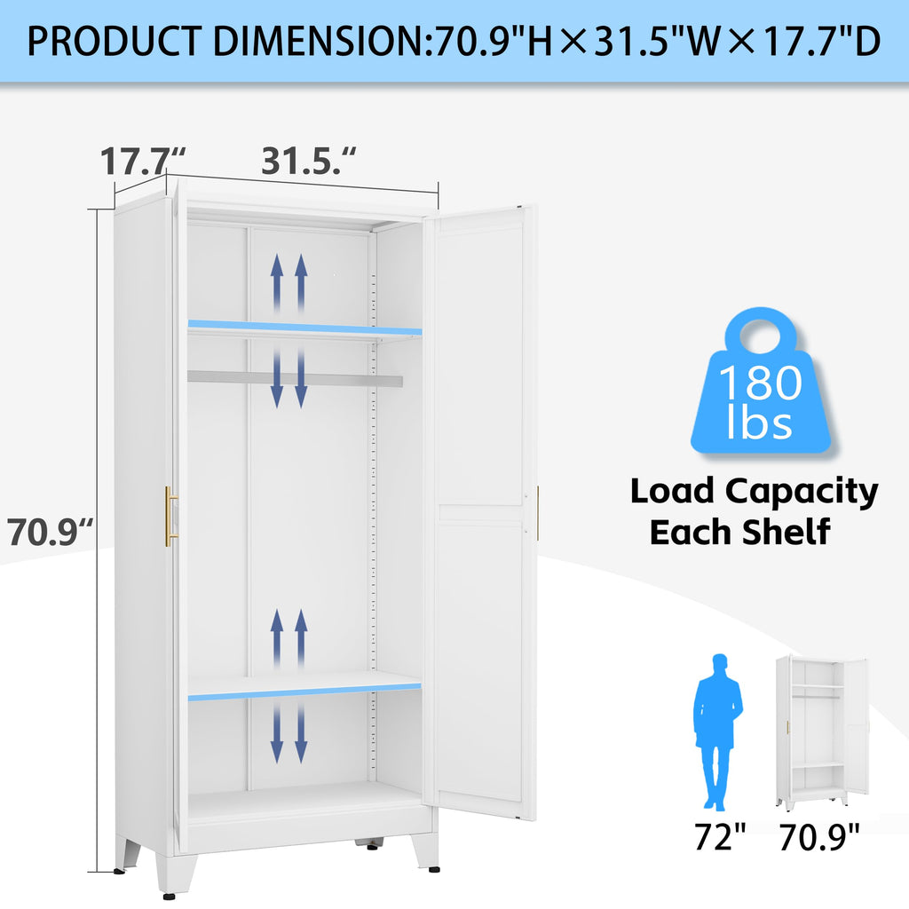 71 "Metal Armoire Wardrobe Closet, Steel Clothing Storage Cabinet with Adjustable Shelves and Hanging Rod, Household