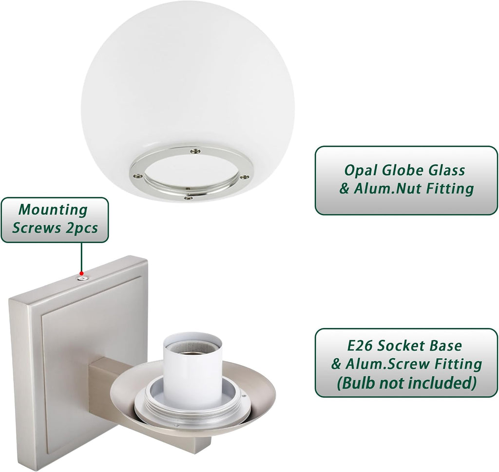 Brshed Nickel Wall Sconce Light, Modern Sconces Wall Lighting, 1 Light Globe Bathroom Vanity Lighting with Opal Glass
