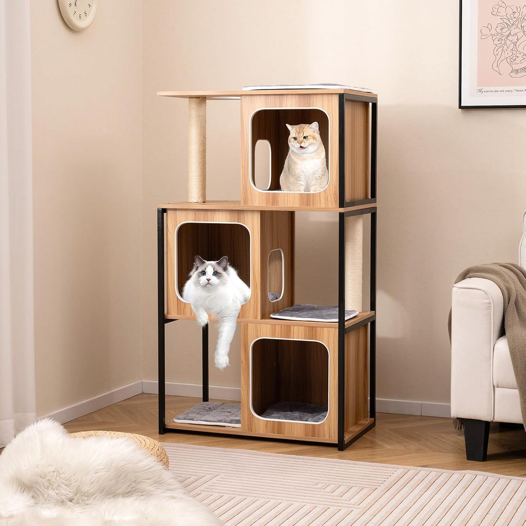 Modern Cat Tree, 52 Inch Wooden Cat Condos with Metal Frame, Sisal Scratching Posts & Board, Washable Cushions