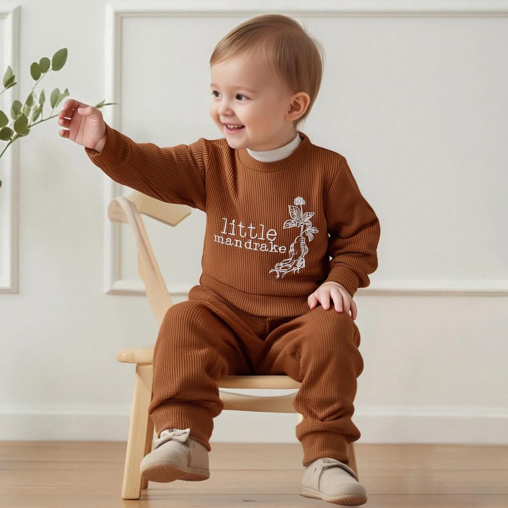 Toddler Baby Boy Girl Fall Outfit Letters Embroidery Long Sleeve Waffle Knit Sweatshirt and Pants Set